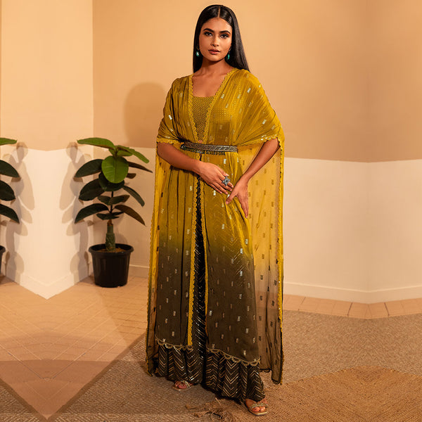 Yellow Green Ombre Designer Long Poncho Style Dress
