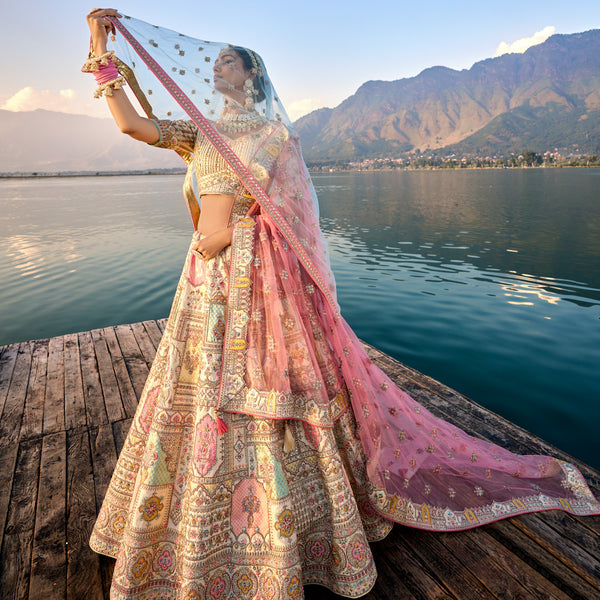 Pink and Off-White Contrasted Thread Work Bridal Lehenga with Dual Duaptta