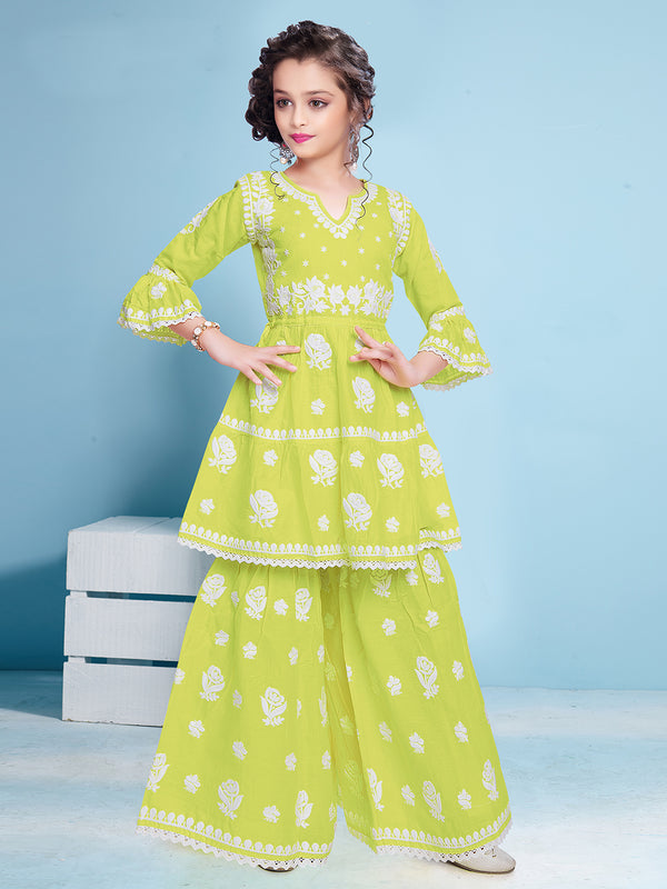 Green Embroidered Garara Suit Set for Kids
