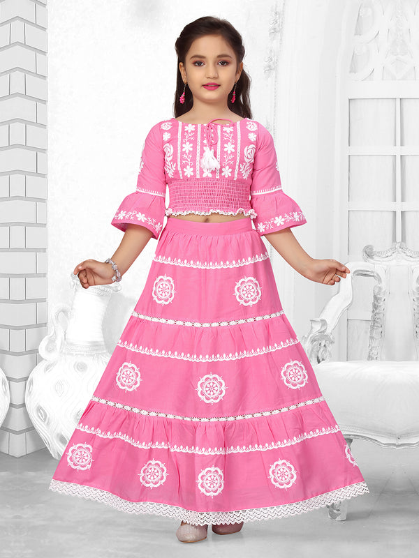 Baby Pink Cotton Lehenga Set for Girls with Embroidery