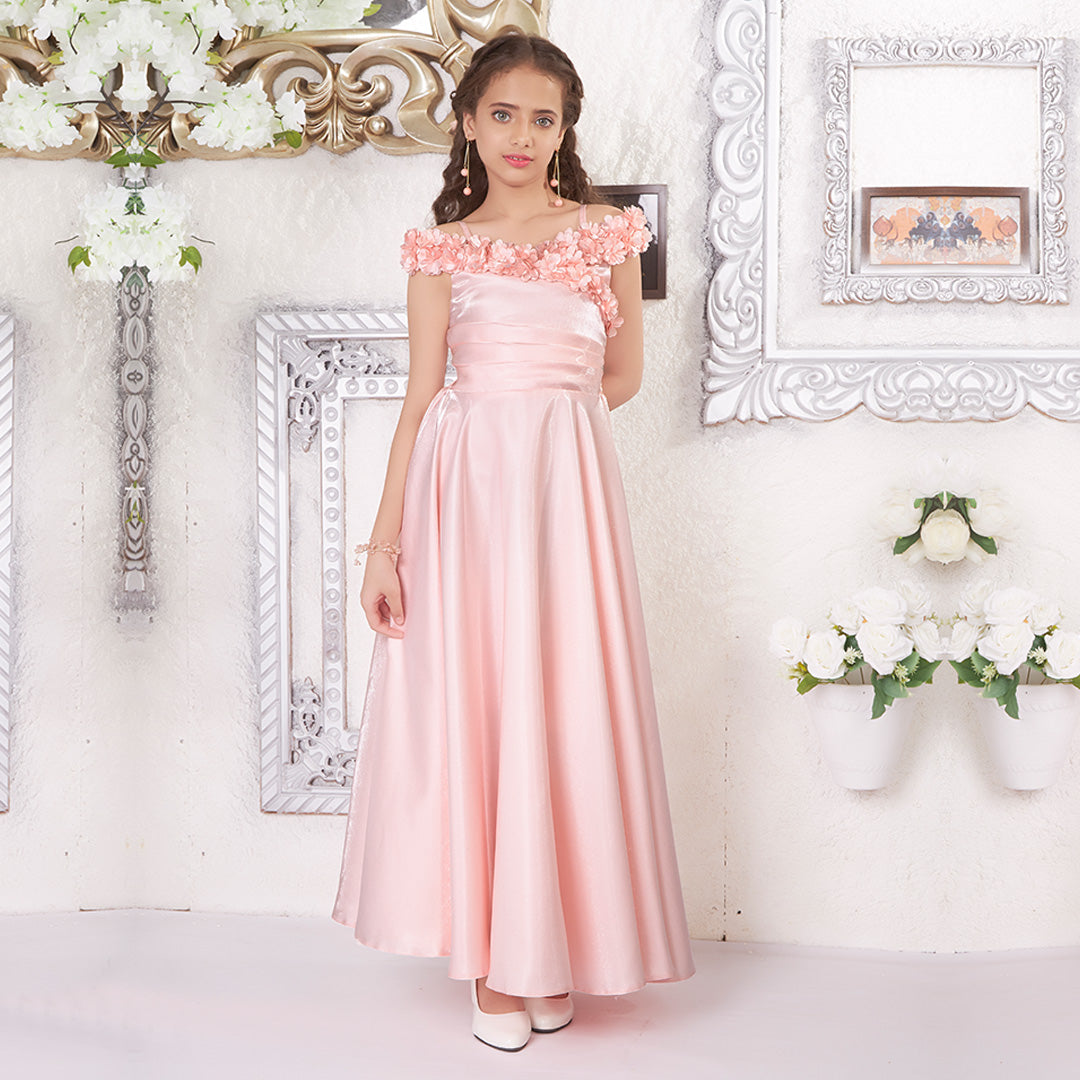 Peach Satin Frilled Off-Shoulder Gown for Girls Suvidha Fashion Peach Satin Frilled Off-Shoulder Gown for Girls Suvidha Fashion