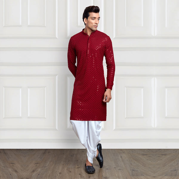 Maroon embellished peshawari pant kurta combo