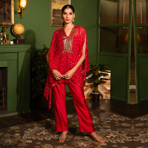 Red Flared Sleeves Pleated Tunic And Pant Set