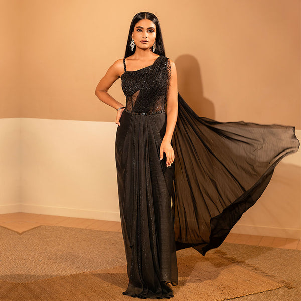 Black Sequinned Indo-Western Ready-to-wear Saree