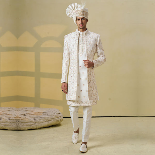 Opulent White Sherwani with Gold Embroidery