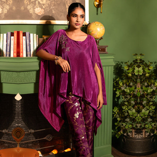 Plum Purple Asymetrical Tunic With Flared Sleeves And Pants Set