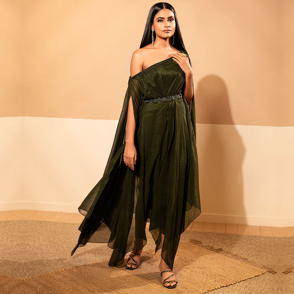 Army Green Off-Shoulder Draped Dress