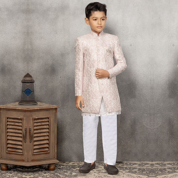 Onion Pink Embellished Indowestern Suit For Boys With Jacket