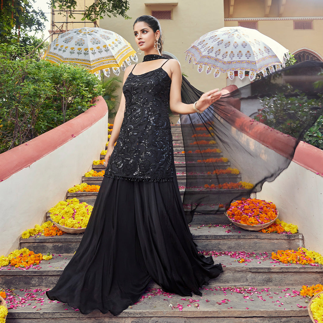 Black Net Palazzo Suit with Embroidered Kurti1
