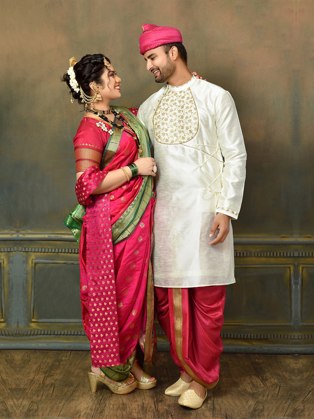Cream and Rani Pink Puneri Kurta Dhoti Set with Embroidered Bib