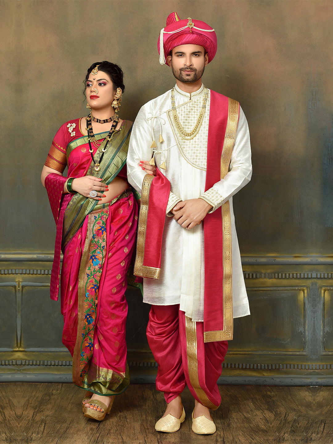 Cream Peshwai with Embroidered Panel and Maroon Dhoti – Suvidha