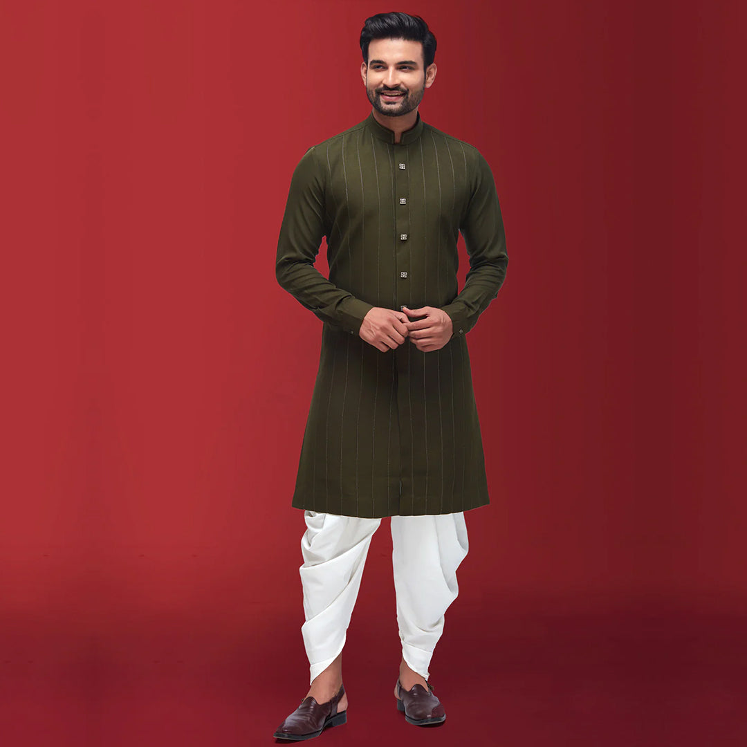 Olive Green Kurta with Simple Stripes Suvidha Fashion