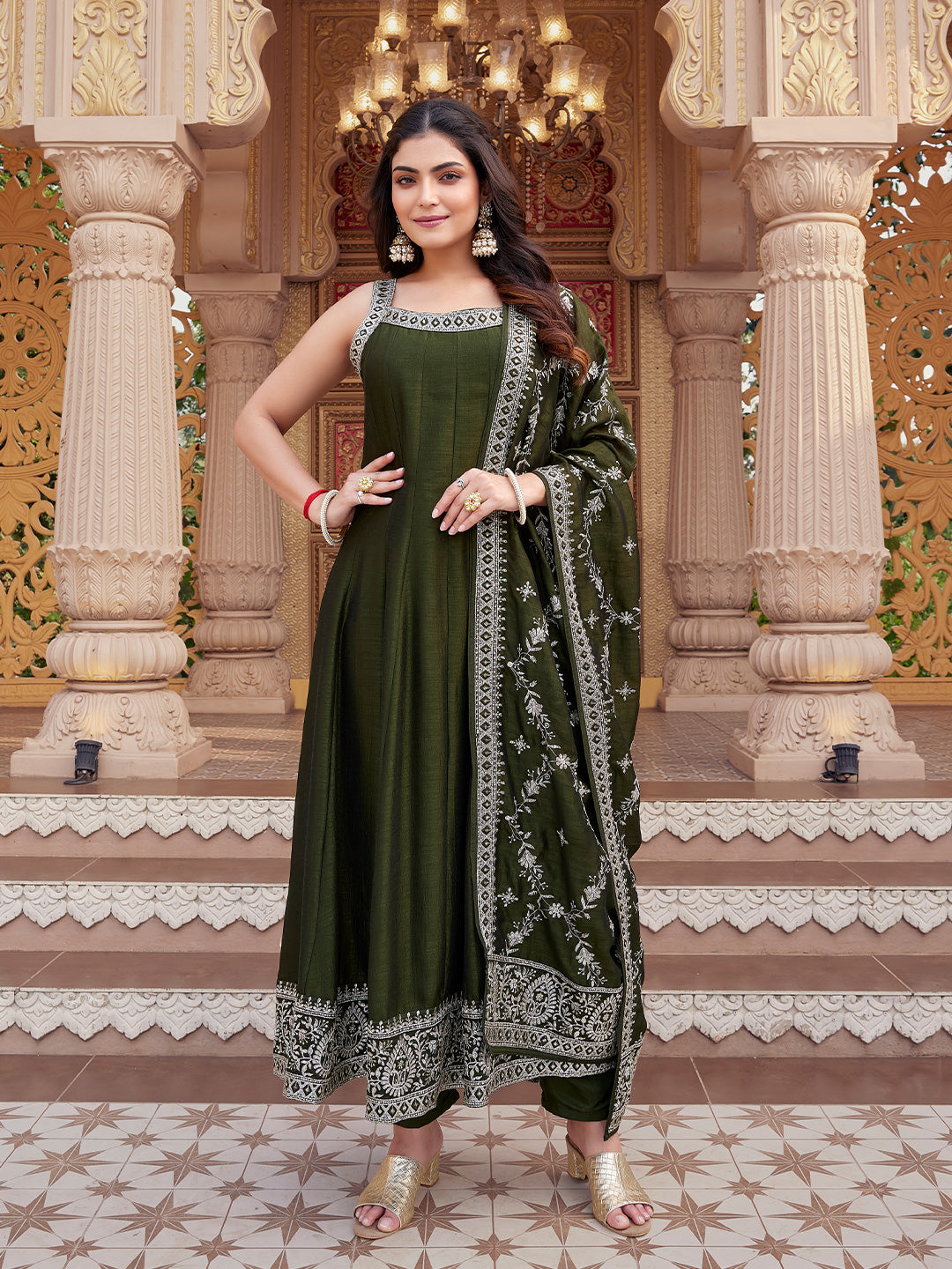 olive green anarkali dress Navy Teal Georgette Embroidered Anarkali Dress With Dupatta