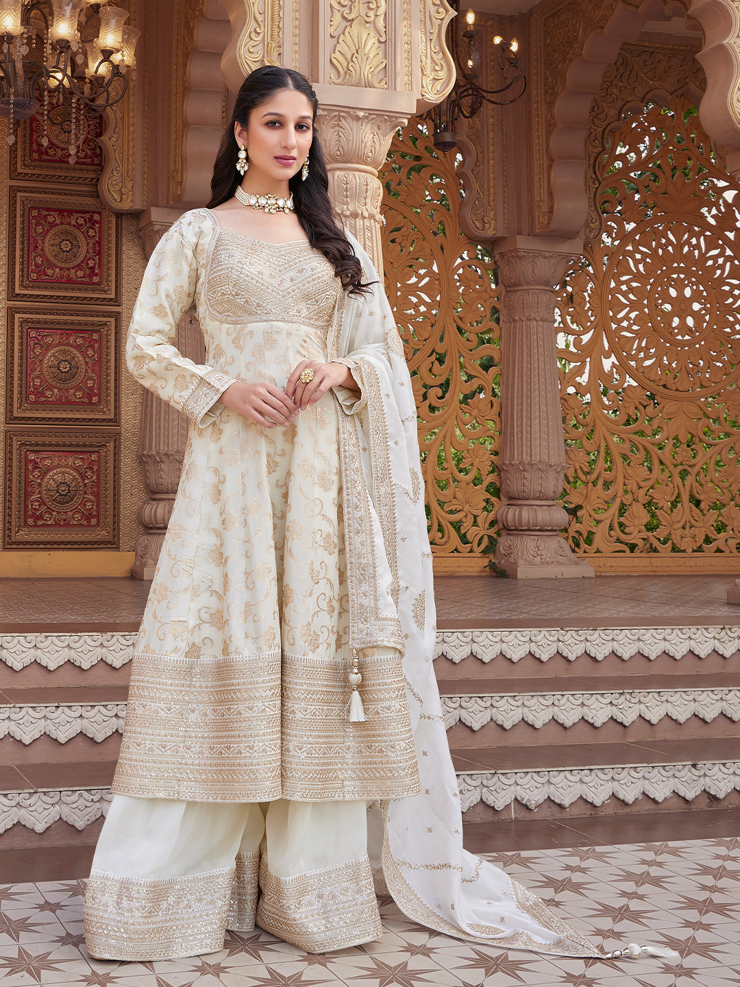 White with Gold Enchanted Embroidered Anarkali Palazzo Set Suvidha Fashion White with Gold Enchanted Embroidered Anarkali Palazzo Set Suvidha Fashion