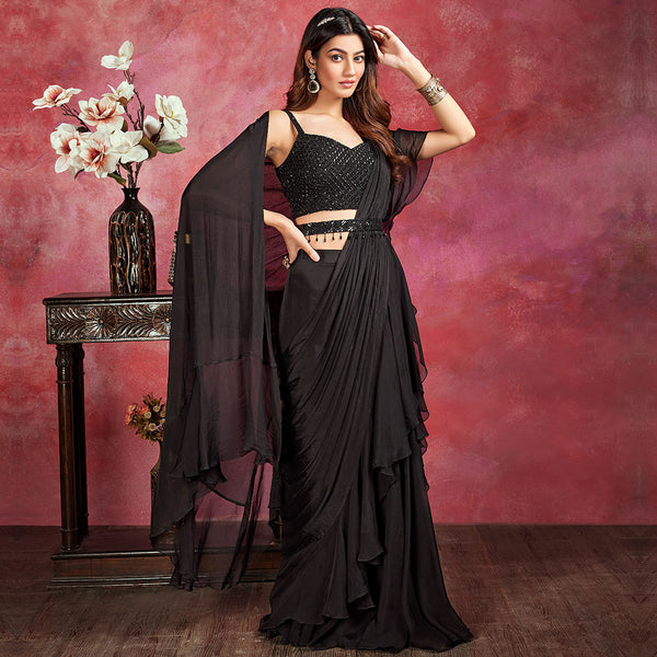 Chic Black Belted Ready to Wear Saree with Cape