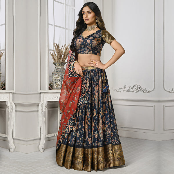 Navy Blue and Red Lehenga Set with Gold Border