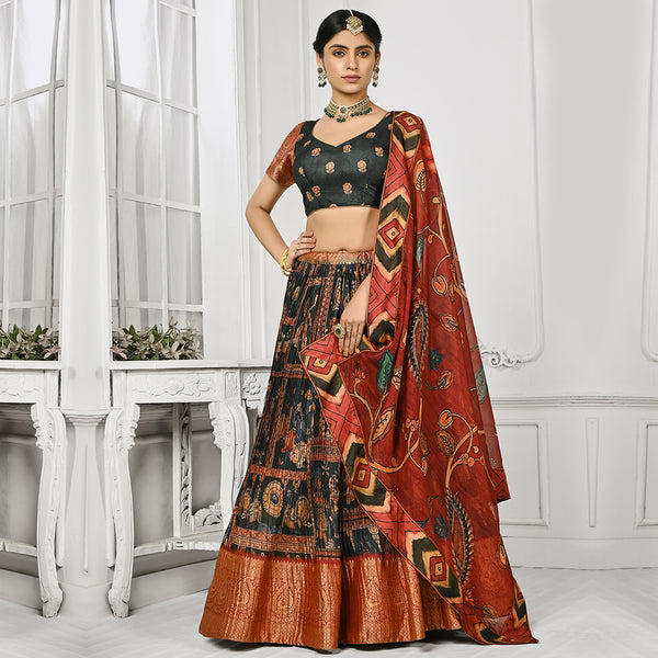 Emarald Green and Red Brocade Lehenga Set with Floral Dupatta
