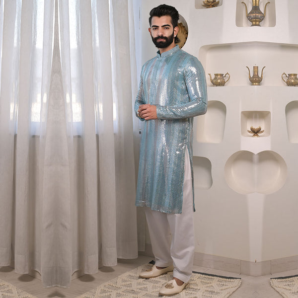 Heavy Sequined Work Blue and Silver Kurta