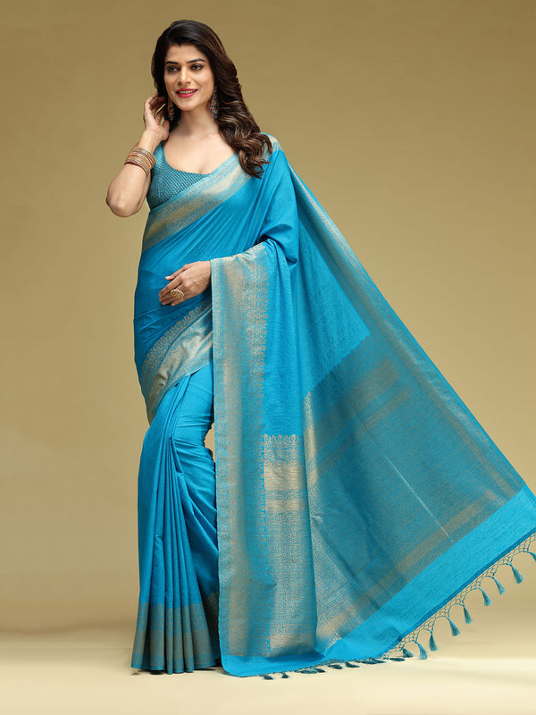 Cyan Blue Linen Silk Saree With Golden Zari Border