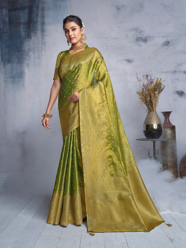 Dashing Parrot Green Saree with Heavy Golden Borders