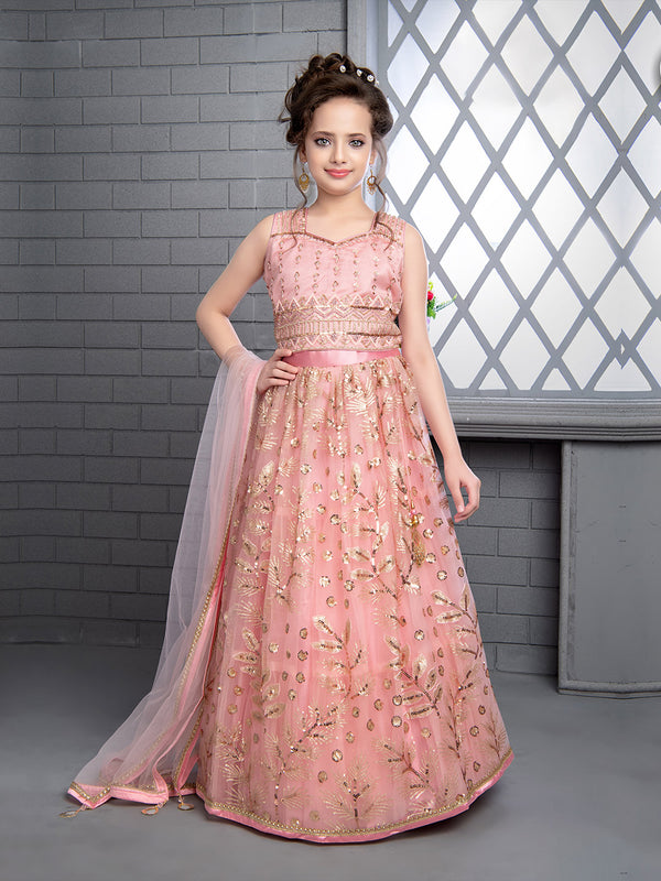 Traditional Peach Lehenga Attire Enriched with Golden Work for Little Girls