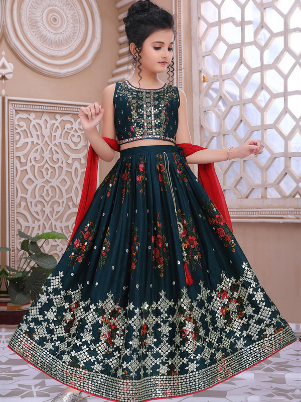 French Blue Floral Lehenga Choli Set Enriched With Mirror Work