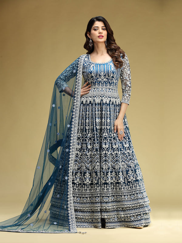 Splendid Stone Work And Embroidered Blue Gown Paired With Net Dupatta