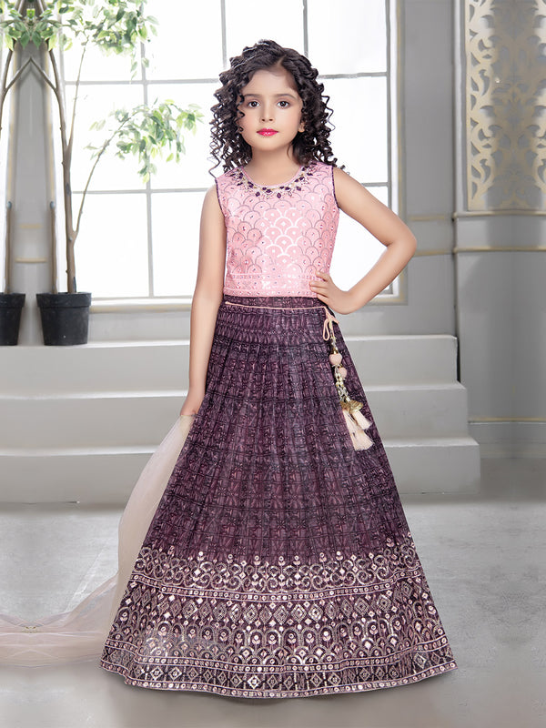 Girls Violet Printed Sharara Paired with Pretty Pastel Pink Choli