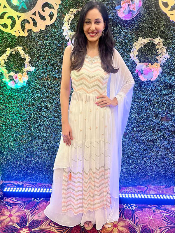 Pooja Chopra in White Palazzo Set with Rich Sequence Work