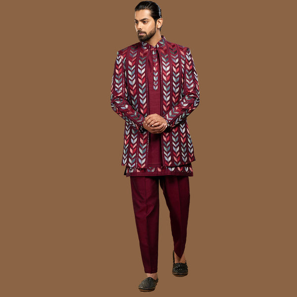 Opulence Maroon Indowestern Set For Men