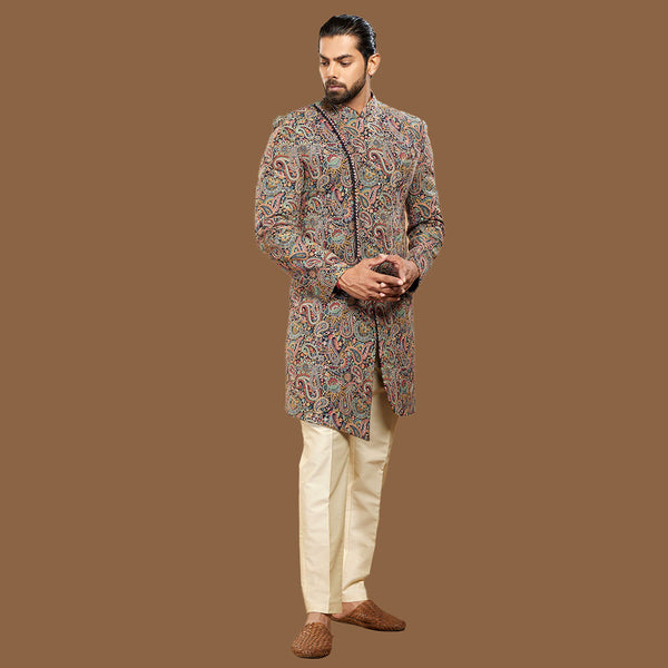 Harmony Cream and Black Embroidered Indowestern Set for Men