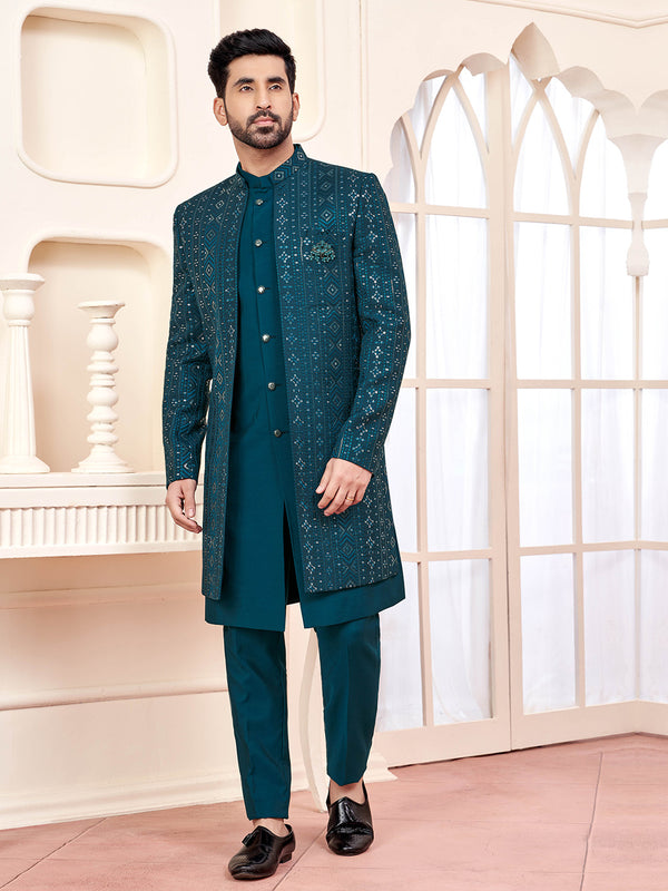 Festive Attire Dark Green Indo-Western for Men