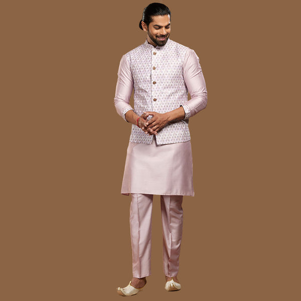 Blush Elegance  Pink Embroidered Nehru Jacket Set for Men