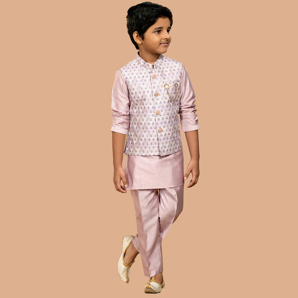 Latest Light Pink Waistcoat Set In Silk for Kids