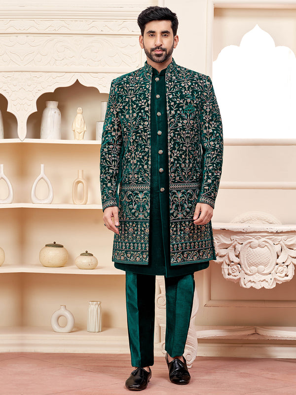 Intricately Embroidered Jacket with Dark Green  Indo-Western