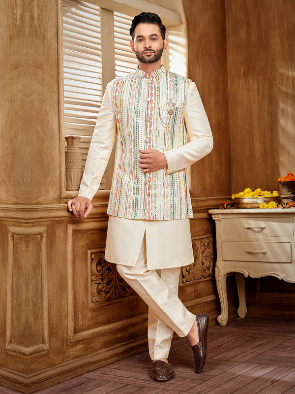 Men's Pastel Indo-Western Set with Intricate Embroidery