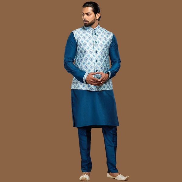 Splendor Blue Jacquard Kurta Set for Men