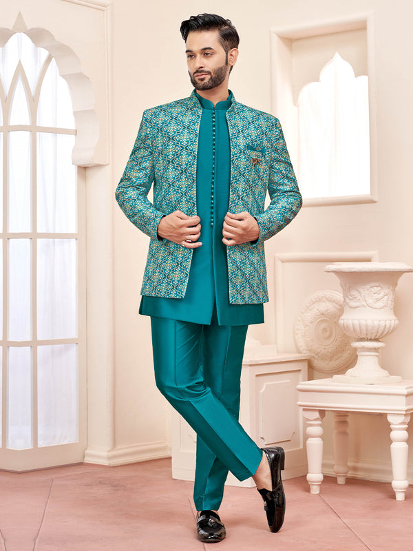 engagement jodhpuri dress for men Teal Blue Designer Jodhpuri Suit,jodhpuri,mens suits,mens wedding dress,mens wedding suit,groom wedding suit,indian men clothing,Jodhpuri
