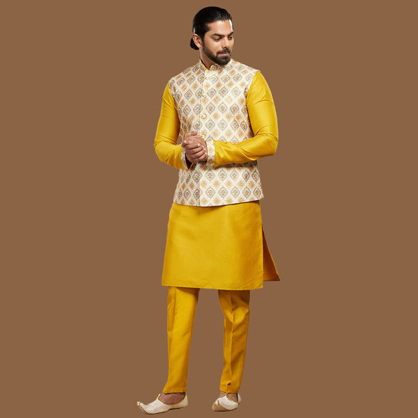 Sunny Radiance  Solid Yellow Nehru Jacket Set for Men