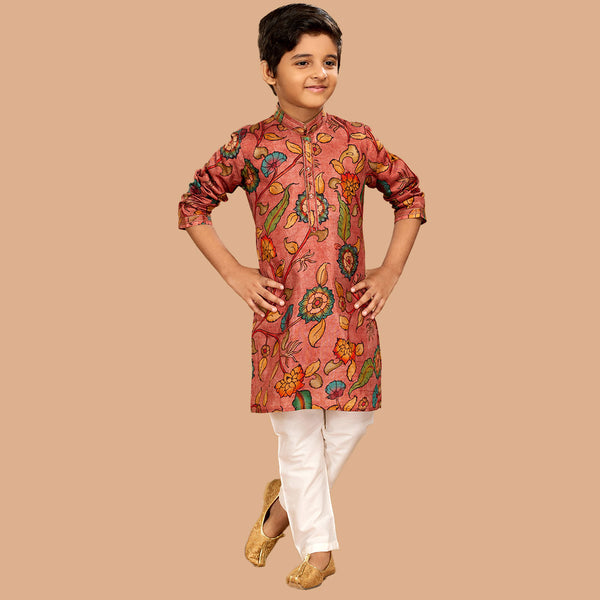 Silk Printed Kurta Suit In Peach for Kids