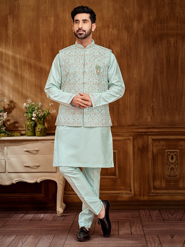 Pastel Blue Kurta Set with Graceful Floral Embroidered Jacket for Men