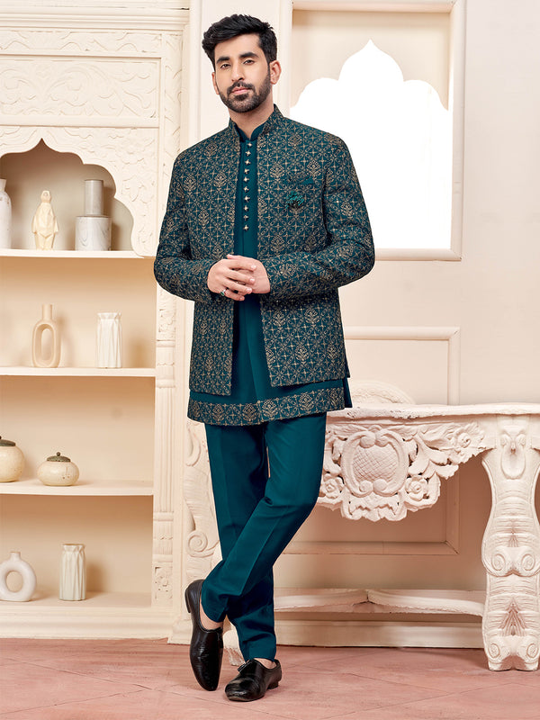 Stunning Teal Green Jodhpuri Set with  Embroidery