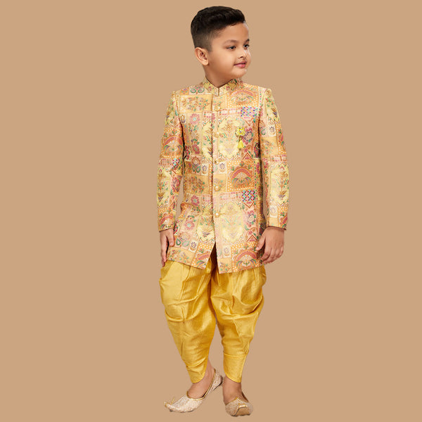 Elegant Bright Yellow Printed Silk Indowestern for Kids