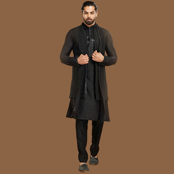 Midnight Sparkle Black Embroidered Jacket Set for Men