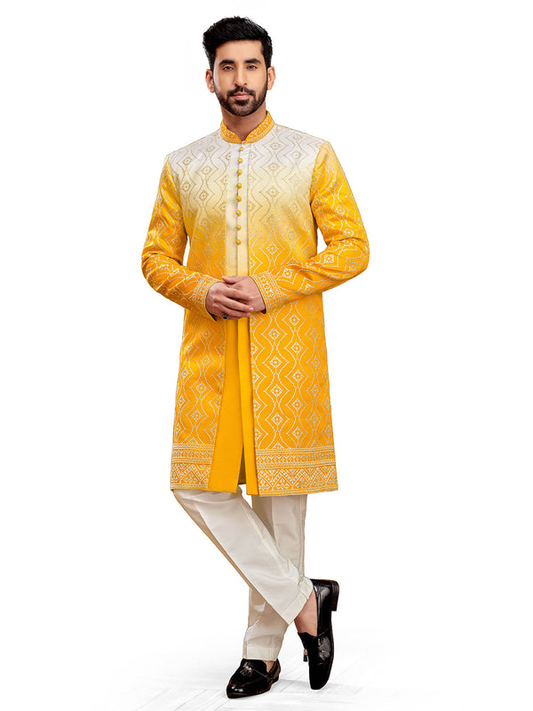 Vibrant Yellow and White Indo-Western Set for Men