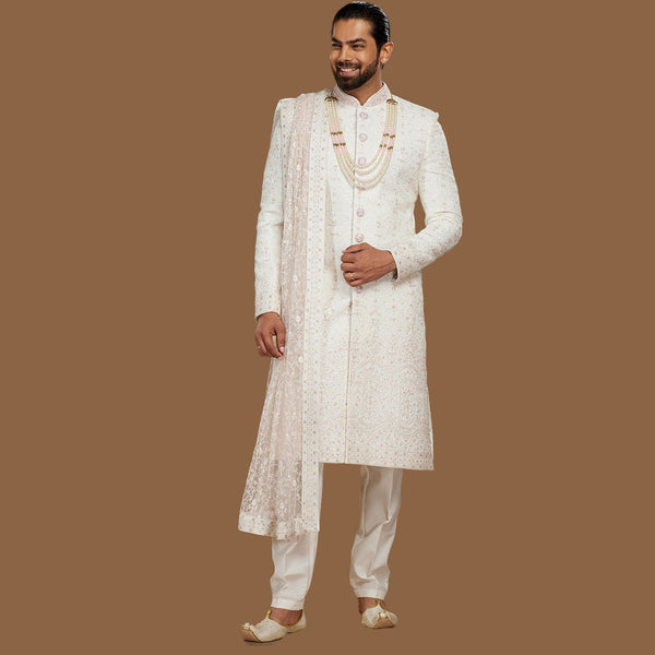 Elegance Embroidered White Sherwani for Men