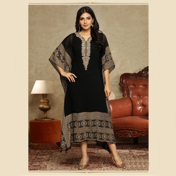 Classic Black Kaftan in Georgette With Golden Print all Over
