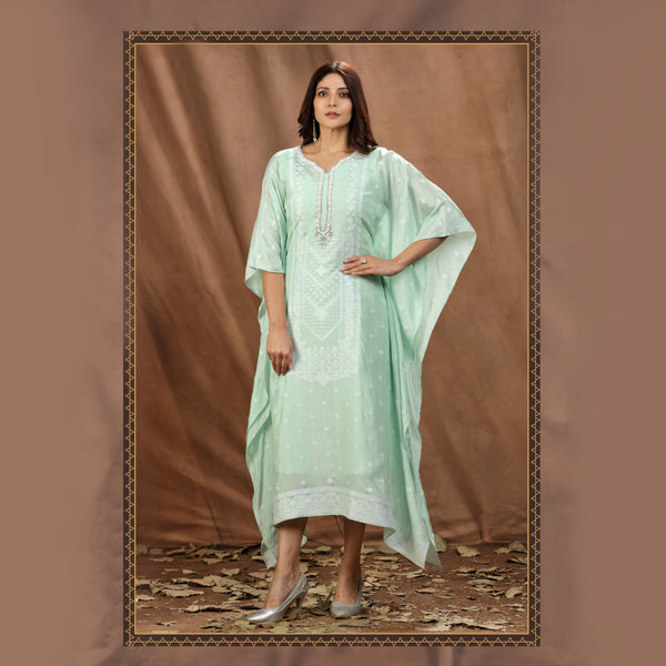 Sophisticated Pista Hue Kaftan Adorned with White Exquisite Embroidery