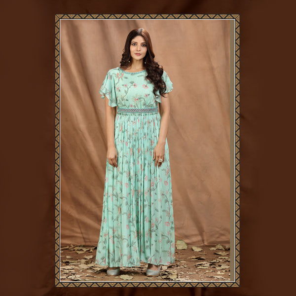 Pista Green Delicate Floral Printed Gown