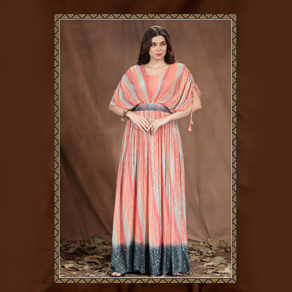 Peach Ombre Effect Patterned Long Gown